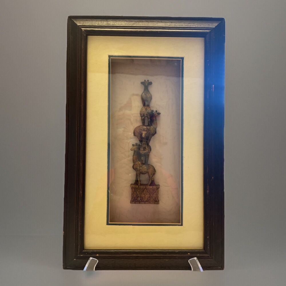 VTG African Style Giraffe Shadow Box Frame Wall Art Faux Wood Resin Sculpture